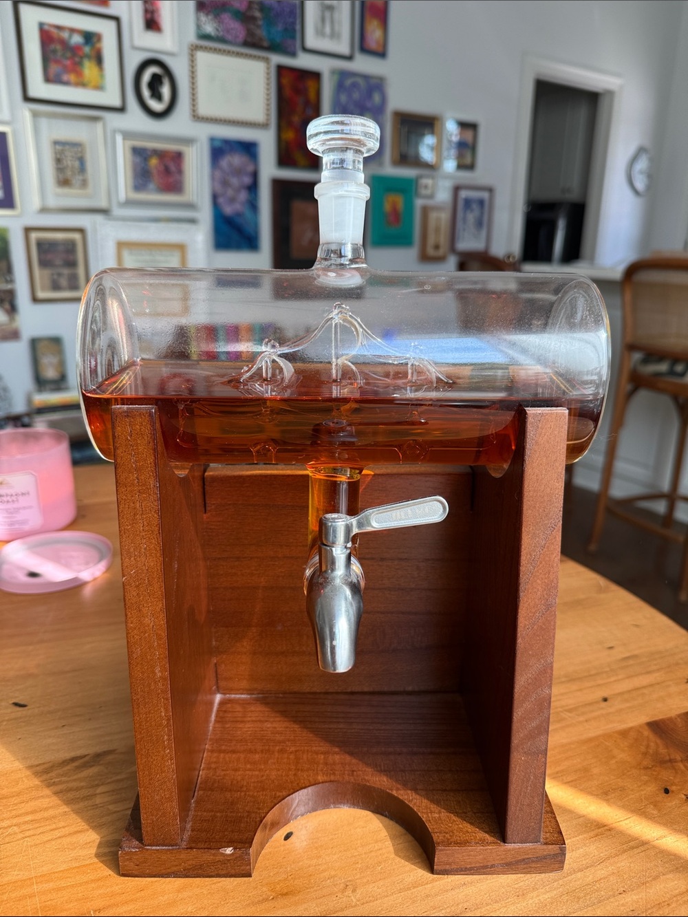 Glass Barrel Beverage Dispenser with Wood Stand - Amber Liquid